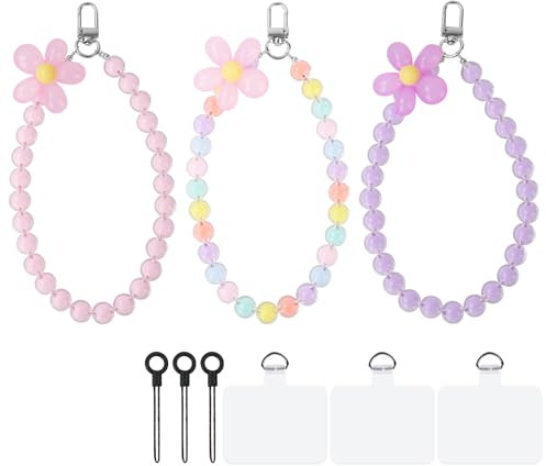 AULEEP 3pcs Phone Charm for Women Girls, Flower Phone Wrist Strap Cute Wristlet Crystal Beaded Charms Colorful Bracelet Handmade Chain for iPhone (Pink/Purple)