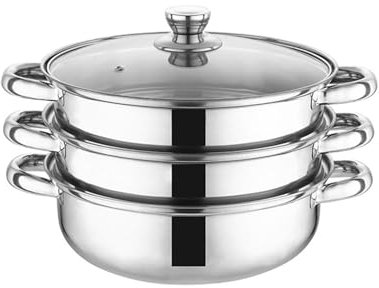 AIZYR Vaporiera in Acciaio Inossidabile Pentola per Brodo, Pentole per Cottura A Vapore con Coperchio in Vetro, Pentole per Fornelli A Gas, Elettrici E A Induzione,3 Tier