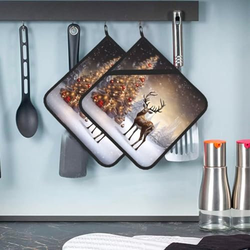 2 presine con tasca con albero di Natale e renna, per cucina, resistenti al calore, in spugna, sottobicchieri, per forno, guanti da forno per cucina, sottopentola per cottura, 20 x 20 cm