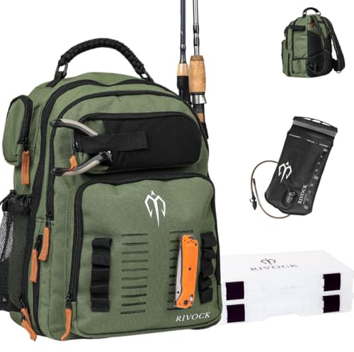 RIVOCK Fishing Tackle Backpack with Rod Holder 2 Tackle Boxes,35L Tackle Storage Bag, Insulated Cooler Backpack, Hydration Bladder, Hiking Daypack Fishing Gear and Equipment