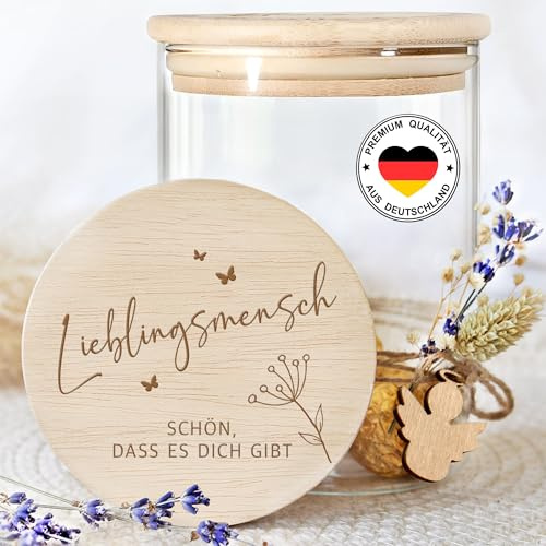 Grandora Vorratsglas Lieblingsmensch Geschenk für Geburtstag, Jahrestag Aufbewahrungsglas mit Holzdeckel Geschenkidee für Partner, Mama & Beste Freundin, Keksdose mit Spruch XHG1026-3-M