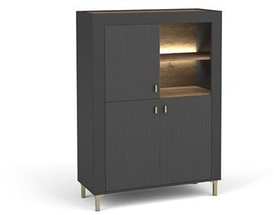 BETTSO - Vitrinenschrank Mossa, Glasvitrine, Wohnzimmer Schrank, Highboard mit hohen Metallbeinen, Gehärtetes Glas - mit LED-Beleuchtung - Beine Gold, Farbe Schwarz