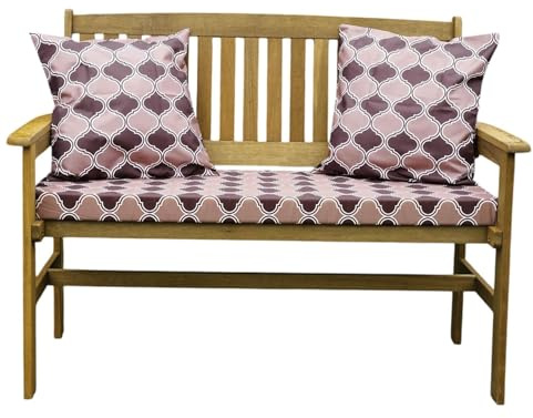 Vapinity Waterproof Garden Bench Cushion Set: 2-Seater Bench Pad for Garden Sofa & 2 Square Cushion, Brown Morocco Print, 108x45x6cm, Washable Covers, Replacement Seat Pads for Outdoor Furniture