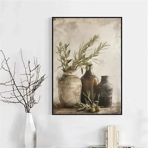 XINBAO Mediterraner antiker Olivenzweig, grüne Pflanze, rustikale Küche, elegante Vase, Poster, Gemälde, Leinwand, Wandbild, Heimdekoration, 70 x 100 cm, mit Rahmen