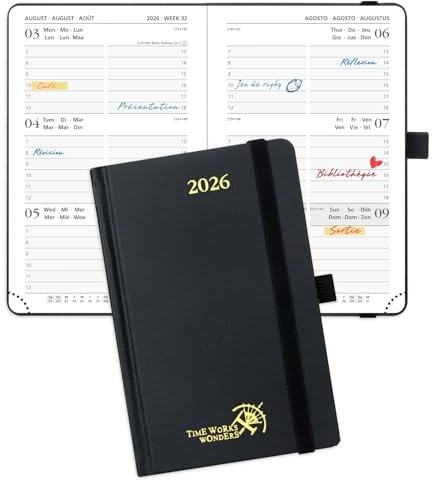 POPRUN Kalender 2026 Klein 16 x 10,5 cm (Jan.2026-Dez.2026) - TaschenKalender 2026 Klein Hardcover - Terminplaner, Wochenplaner 1 Woche 2 Seite mit Innentasche - Schwarz