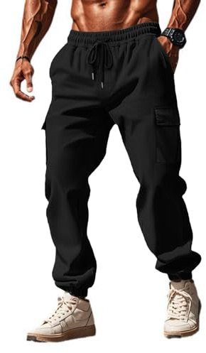 Halfword Pantalon Cargo Homme Pantalon de Travail Homme Baggy Slim Fit Casual Pants Noir M