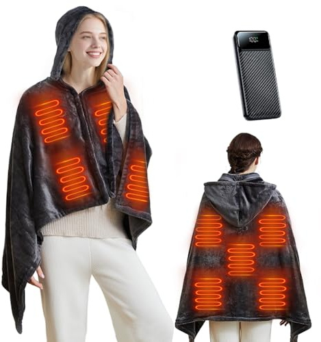 Rppiup USB Heated Throw Blanket with 10000mAh Battery, Wearable Heated blanket with Zipper Detachable Hat, 3 Settings & 9 Heating Zones Electric Throw Blanket for Office Home Travel Camping