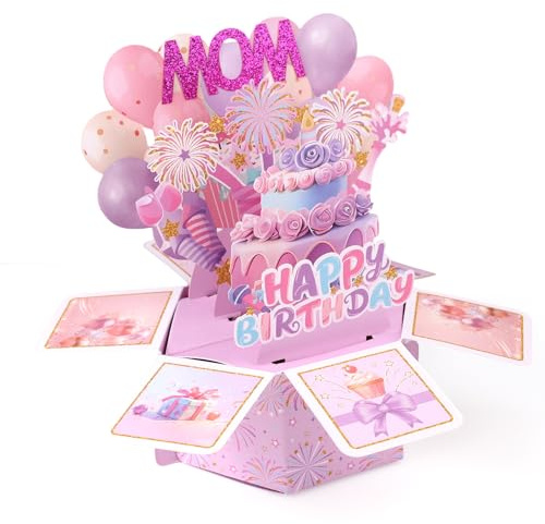 Tarjeta de Cumpleaños Pop Up para Mamá, Divertida Globos Fuegos Artificiales 3D Feliz Cumpleaños Tarjeta Felicitación con Sobre Única Caja de Regalo Emergente para Mujer Madre Esposa o Ella