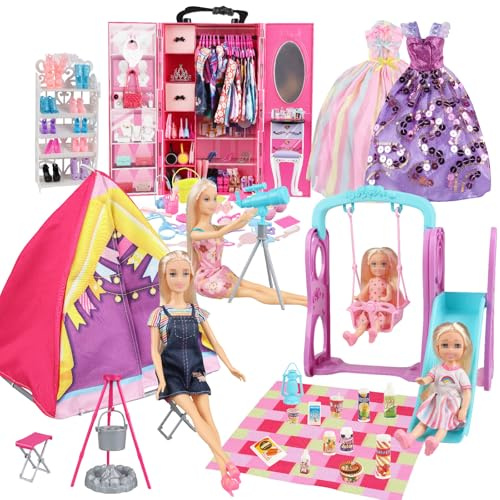 ZHENYETAI Armario de muñecas de 180 piezas y armario plegable de juguete, incluye armario plegable, tobogán oscilante, tienda de campaña, juego de observación de estrellas con accesorios ricos que
