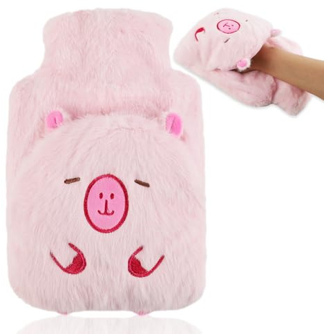 Lvjkes Bolsa agua caliente, 1L Bolsa agua caliente niños peluche con tapa, Extraíble para su limpieza, Prueba de explosiones y fugas, Apta para niños y adultos, Rosa (Vertical)