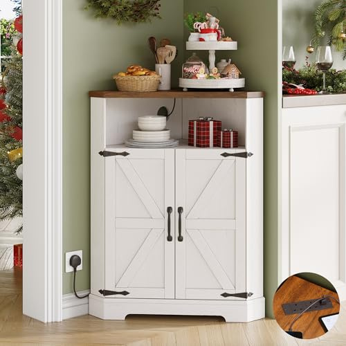 Vabches Small Corner Cabinet with Charging Station,Farmhouse Kitchen Corner Storage Cabinet with Barn Doors and Adjustable Shelves for Many Corner,Like Bathroom,and Kitchen