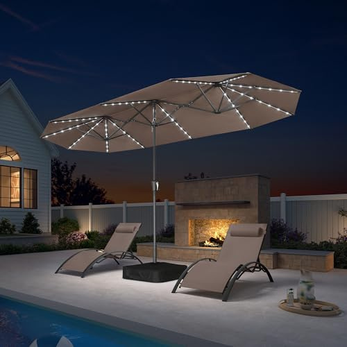 PURPLE LEAF Parasol de Jardin Extérieur avec LED et Pied 400 x 200 cm Taupe | Éclairage doux et agréable, Mecanisme de Verrouillage a Goupille, UPF 50+, Entretien facile, Parasol rectangulaire, Jardin