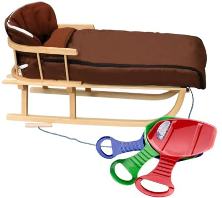 BirnePower Holzschlitten 90cm mit Rückenlehne und Winterfußsack 90cm oder 108cm Komplettset inkl. Zugseil & Gurt, Rodelschlitten aus Buchenholz