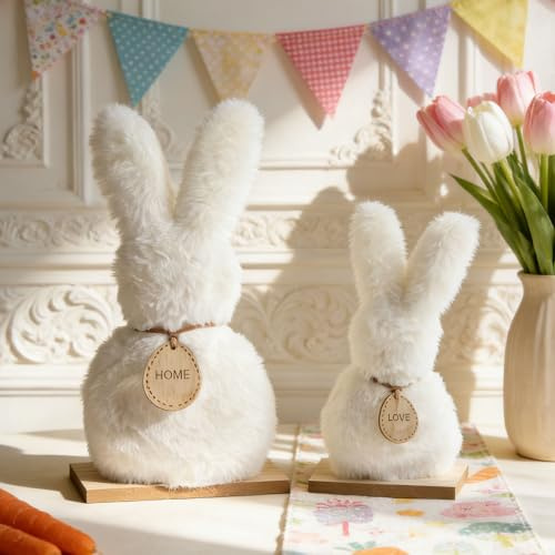 Osterdeko Osterhase Deko Figuren Plüsch, 2er Set Ostern Deko Osterhasen Figuren mit Holzsockel, 23CM & 19CM Groß Klein Osterhasen Dekor, Osterdeko Tisch Osterhase, Osterdekoration Modern Innen (Weiß)
