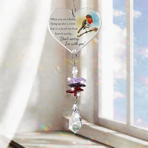 MINWEGI Memorial Gift - Heart Shaped Acrylic Hanging Ornament with Robin Design & Rainbow Crystal Pendant - Remembrance Decoration for All Souls Day, Christmas Tree