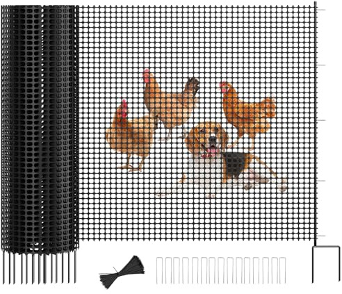 SUNYRISY Hühnerzaun Gartenzaun 100cm hoch 25m lang Hundezaun | Mobiler Weidezaun Steckzaun Geflügelnetz Begrenzungszaun Maschendrahtzaun Schafzaun, 15 x Pfosten, Schwarz Quadrate
