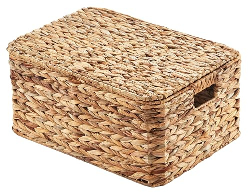 Kobolo Aufbewahrungskiste Wasserhyazinthe Gr. S 44x33x21 cm, geflochtene Box mit Deckel, stabiler Aufbewahrungskorb für Regale, Wäsche, Spielzeug & Bücher, dekorative Ordnungsbox für Wohnbereich