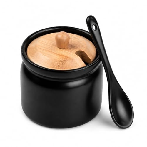 Rieoany Azucarero con Tapa 180ml, Recipiente Azúcar Cerámica con Cuchara, Blanco Contenedor para Té Café Sal Almacenamiento, Bambú (Negro)