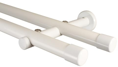 iso-design Gardinenstange weiss 2-läufig 20 mm, Komplettset aus Metall, Vorhangstange zur Wandmontage, Gardinenstangenrohr aus Aluminium, Endstück Kappe 180 cm