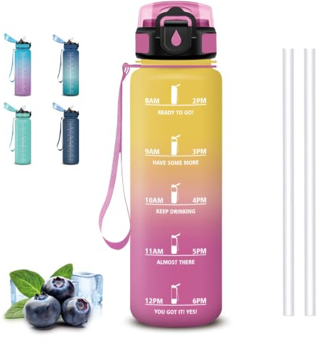 Mujigaga Botella Agua 1 Litro, Botella Agua Gimnasio con Pajita, Botellas de Agua Deportiva, Fácil de Limpiar, Tapa de un Solo Clic, Cantimplora para la Ciclismo, Natación, Pilates y Senderismo