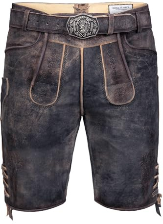 Edelnice Trachtenmode Kurze Wildbocklederhose Tom in tiefem Dunkelgrau mit edler Stickerei