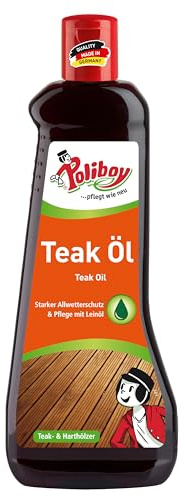 Poliboy Olio per Legno Teak, Olio per la Cura del Legno per legni duri Scuri, Protezione del Legno e rinnovamento dei Colori, Ideale per mobili da Giardino, 500 ml, Prodotto in Germania