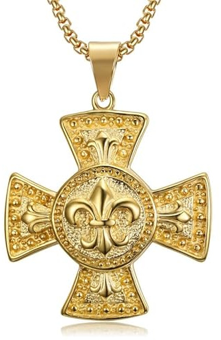 BOBIJOO Jewelry - Médaillon Pendentif Croix pattée Templier Chevalier Fleur de Lys Acier Or Doré