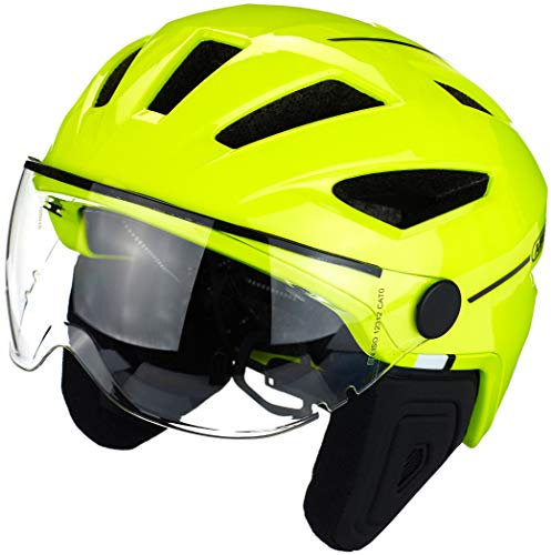 ABUS Stadthelm Pedelec 2.0 ACE - Fahrradhelm mit Rücklicht, Visier, Regenhaube, Ohrenschutz - für Damen und Herren - Gelb Glänzend, Größe L