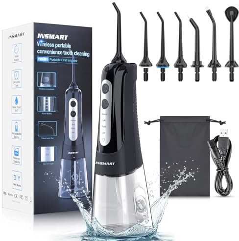 Cordless Water Dental Flosser Teeth Cleaner, INSMART Professional 300ML Tank DIY Mode USB Rechargeable Dental Oral Irrigator for Home and Travel, IPX7 Waterproof 6 Modes Irrigate for Oral Care