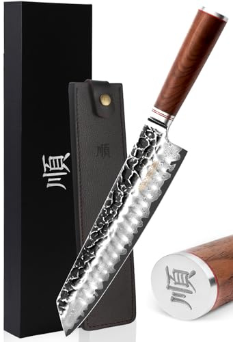 YOUSUNLONG Kiritsuke couteau de chef 10 pouces japonais 67 plis Damas martelé en acier inoxydable rasoir Sharp - manche en noyer naturel avec étui en cuir avec boîte-cadeau