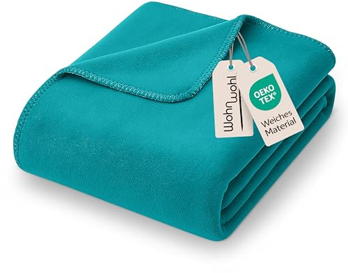 WOHNWOHL® Weiche Kuscheldecke - 150 x 200 cm - Farbe: Türkis | 100% Baumwolle - Oeko-Tex zertifiziert - Samtig weiche Decke - Zeitloses Design - Für Wohnzimmer, Schlafzimmer, Gästezimmer