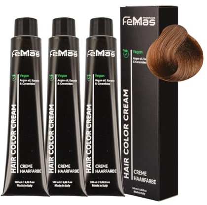 FemMas Hårfärg 3 x mellanblond bärnsten guld 7,83 I gräddvit hårfärg med arganolja, keratin och ceramider I permanent hårfärg eller nyans för strålande färgresultat I 100 ml