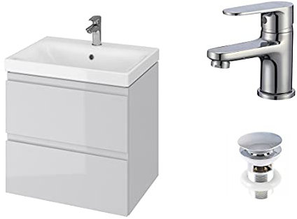 VBChome Badmöbel 60 cm Grau mit Armatur und Pop-up ventil Waschbecken mit Unterschrank Waschtisch 2-Schubladen Hängeschrank Click-Clack