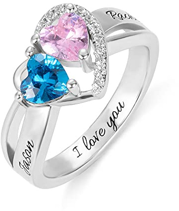 Personalised Heart Birthstone Promise Ring Engraved Name Ring with Double Birthstones Custom 925 Sterling Silver Ring Gift for Women