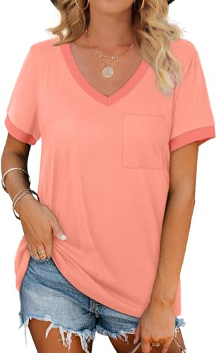 Geifa Womens Summer Clothes Short Sleeve Loose Fit V Neck T Shirts Tops Tunic Resort Wear 2026 L Coral