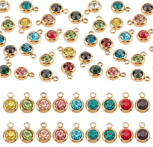 UNICRAFTALE 24 Stück 12 Farben Strass flach rund echt vergoldet 18 K Geburtsstein mit Beschichtung 303 Edelstahl Kristall Dangle Charms Schmuckherstellung
