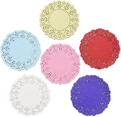 JOFONY 120 Stücke Rund Papierdeckchen,Gemischte Farbe Spitzenpapier Tortenspitze Papier für Papierdeckchen Tassenuntersetzer Papier Geschirrdekoration 3,5 Zoll
