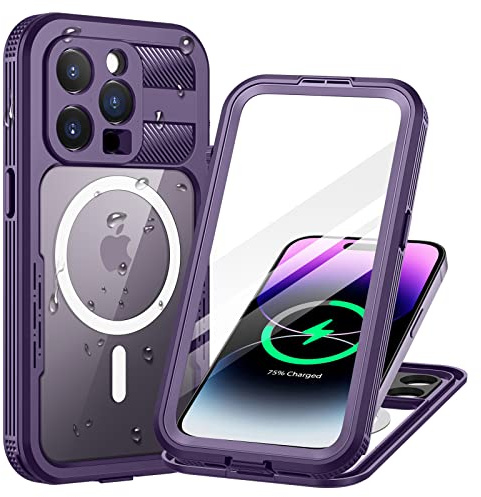 Lanhiem för iPhone 14 Pro Max fodral vattentätt, mobiltelefonfodral iPhone 14 Pro Max skyddsfodral vattentätt med magsafe, 360 utomhus stötsäkert dammsäkert pansarfodral,Lila