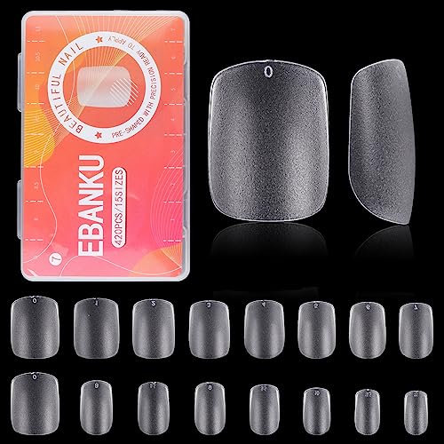 EBANKU 420 Stück Kurze Square Nagelspitzen, Matte Full Cover Soft Gel Tips Klare Pre-Buff Tips für Gelnägel Künstliche Falsche Nagelspitzen für Nagelverlängerungen, 15 Größen (Short Square)