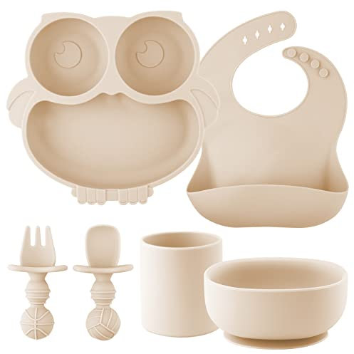 Set Vaisselle pour Bébé Silicone 6 Pièces, Set Repas pour Enfants, Anti-dérapant Assiette, Bol, Bavoir réglable, Tasse, Cuillère Fourchette, Compatible Lave-vaisselle, Micro-onde, sans BPA (Natural)