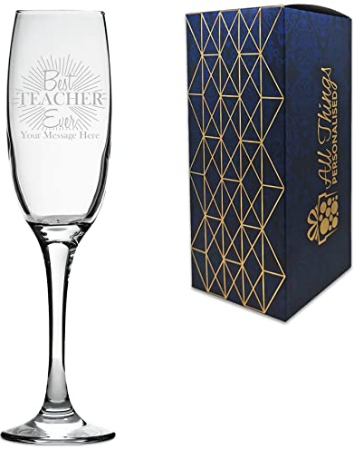 Personalised Engraved Teacher Gift Champagne Prosecco Flute with Best Teacher Ever Design, Personalise with Any Message, Gift Box Included, Laser Engraved, Teacher End of Term School Gift