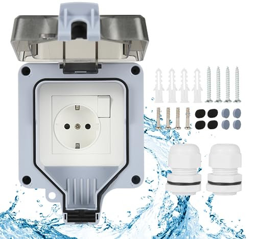 Jadeshay Außensteckdose Steckdose IP66 Wasserdicht Steckdose mit Schalter 16A Gartensteckdose Aufputzsteckdose Außensteckdose Wasserdicht 1-Fach, for Garten Küche Garage