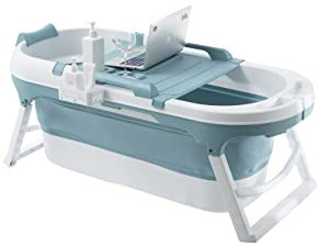 Schwänlein® Foldable Adult Bathtub 138 * 64 * 54cm, Ideal for Small Bathrooms, with Soap Basket, Neck Pillow, Practical and Portable (138, Blue)