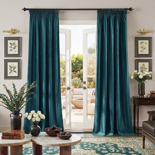 PONY DANCE Blackout Velvet Curtains with Pencil Pleat, Peacock Blue, 52x90″ | Thermal Insulated Home Decor Curtains for Bedroom & Living Room, Soft Drape Rod Pocket, Noise Reduction & Privacy, 2 Panels