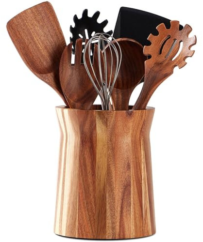 LOHONER Wooden Utensil Holder, 360° Rotating, 7.2x6 Large Acacia Cooking Utensil Holder for Countertop, Farmhouse Kitchen Decor