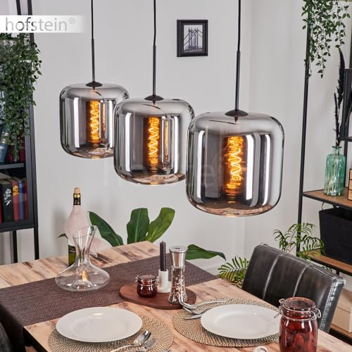 HOFSTEIN Hängeleuchte Lauden, 3-flammige Hängelampe aus Metall/Glas in Schwarz/Chrom-/Rauchfarben, moderne Pendelleuchte im Retro/Vintage-Design, Ø Schirme 25 cm, E27, Esszimmer, Küche, Wohnzimmer