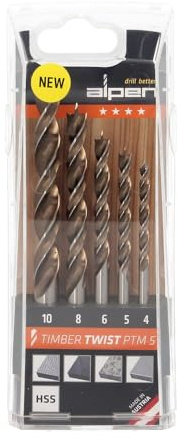Alpen Maykestag Timber Twist Bohrerset (Holzbohrer, Bohrkassette, HSS Bohrer, Holzspiralbohrer, 5-teilig, PTM 5, Ø4, 5, 6, 8 und 10 mm) 67100005100