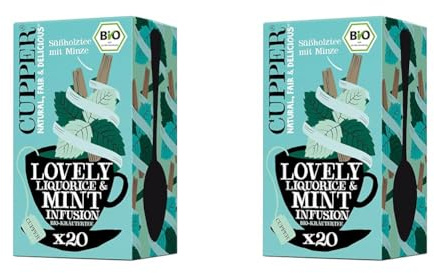 Cupper Bio Kräutertee Lovely Liquorice & Mint, Pfefferminztee, 20 ungebleichte Teebeutel, umweltfreundlich, fair gehandelt (Packung mit 2)
