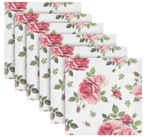 Stoffservietten, Rosa, Rose, Blumen, Stoffservietten, Set mit 6 Stück, waschbar, wiederverwendbar, Polyester-Tischservietten für Familienessen, Party, Urlaub