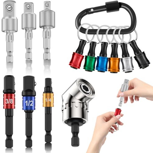 Schraubendreher-Bithalter, 6 Stück, 6 mm, Sechskantschaft, Aluminiumlegierung, Schnellwechsel-Bithalter, Schlüsselanhänger mit 1/4 Zoll, 3/8 Zoll, 1/2 Zoll Bohrbuchsen-Adapter und 105° rechtwinkliger